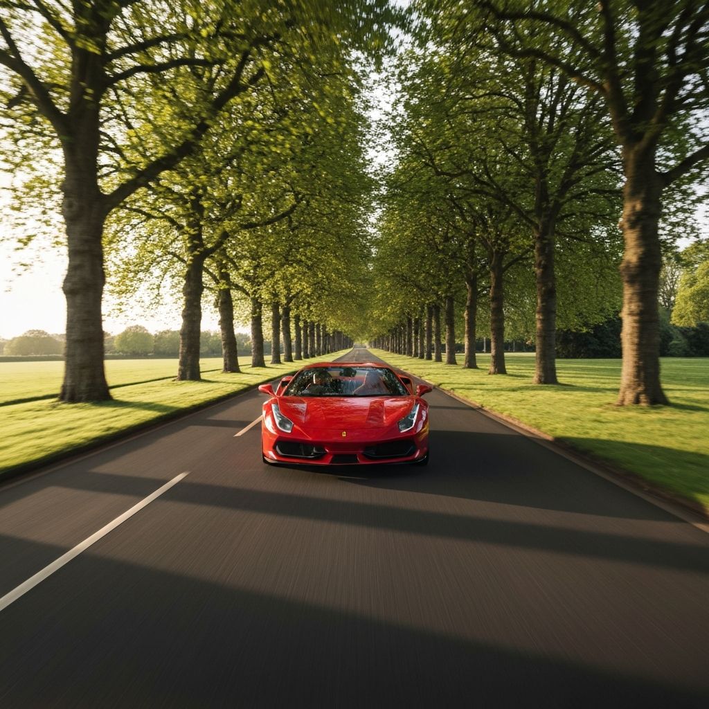 Supercar on tree-lined avenue